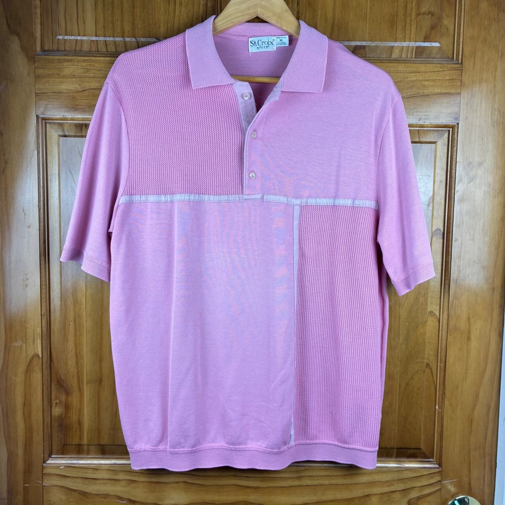 St. Croix Knits Mens XL Pink Textured Polo Shirt Short Sleeve Vintage Retro